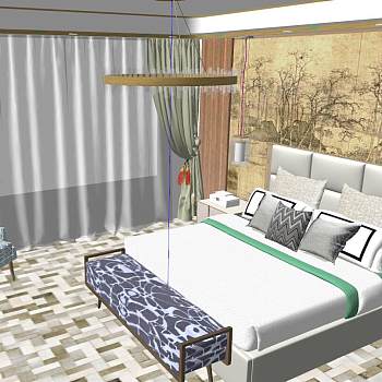46新中式日式卧室sketchup草图模型下载