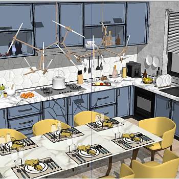 83现代北欧地中海开放式厨房sketchup草图模型下载