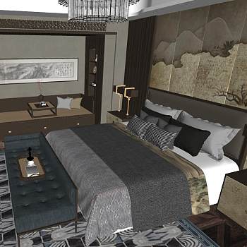 79新中式卧室床台灯床头柜sketchup草图模型下载