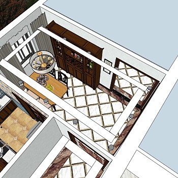 (49)欧式美式厨房客厅鸟瞰图酒柜储物柜吊灯sketchup草图模型下载