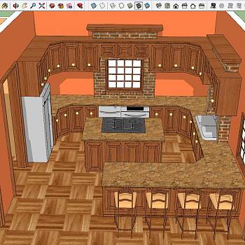 17简欧式美式厨房整体橱柜吧椅sketchup草图模型下载