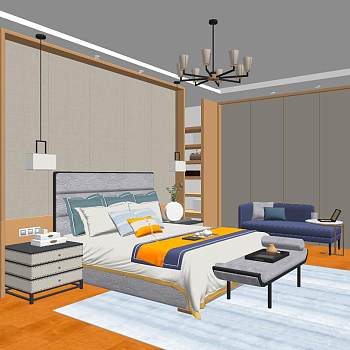 35后现代港式新中式卧室sketchup草图模型下载