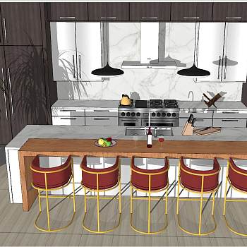 05现代北欧新中式开放式厨房吧台吧椅水果盘吊灯盆栽sketchup草图模型下载