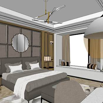 61后现代简约港式新中式卧室sketchup草图模型下载