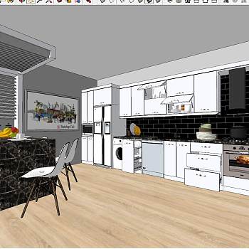 13现代简约餐厅开放厨房冰箱洗衣机吧台餐椅厨房用品sketchup草图模型下载