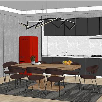 18现代北欧工业风厨房餐厅餐厅餐椅衣架吊灯橱柜冰箱sketchup草图模型下载
