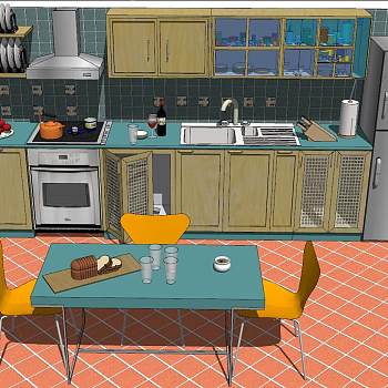 16现代美式乡村工业风厨房组合盘子架面包餐厅餐椅sketchup草图模型下载