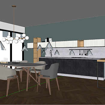 16现代北欧工业风方形木质餐桌sketchup草图模型下载