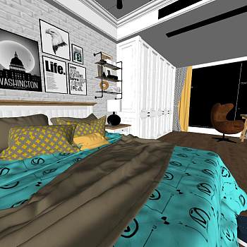 47北欧现代工业风美式卧室sketchup草图模型下载