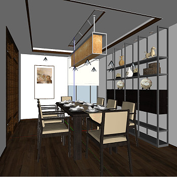 44新中式现代工业风餐厅sketchup草图模型下载