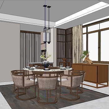 23新中式圆形餐桌餐椅sketchup草图模型下载
