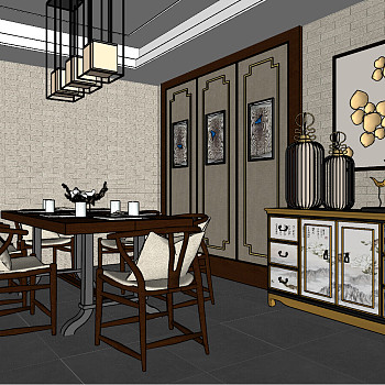 82新中式餐厅sketchup草图模型下载