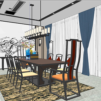 83新中式餐厅sketchup草图模型下载