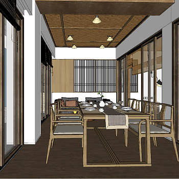 85现代田园新中式餐厅sketchup草图模型下载