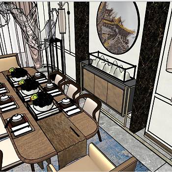 86北欧现代低奢新中式餐厅sketchup草图模型下载