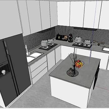 06现代北欧开敞式厨房岛柜花艺水果盘厨房用品sketchup草图模型下载