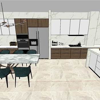 08现代北欧开敞厨房餐厅餐桌餐椅sketchup草图模型下载