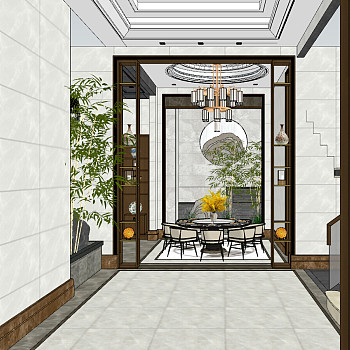 88新中式餐厅茶室书房圆餐桌sketchup草图模型下载