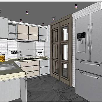 20现代北欧工业风L型厨房冰箱烤箱收纳柜花艺sketchup草图模型下载
