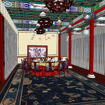 96新中式宫廷古典藏式餐厅sketchup草图模型下载