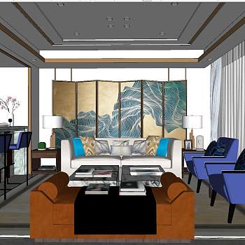 041后现代港式新中式新古典客厅sketchup草图模型下载