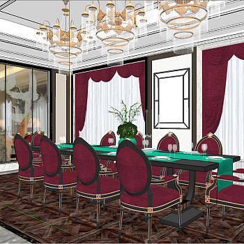 40简欧美式法式宫廷古典餐厅sketchup草图模型下载