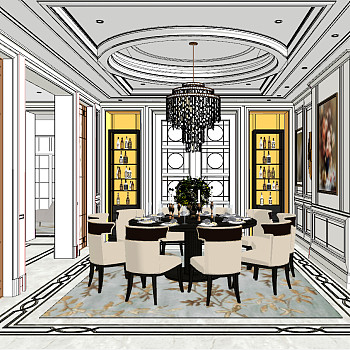 39美式欧式古典餐厅sketchup草图模型下载