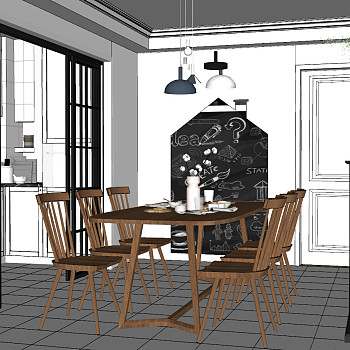 58现代北欧工业风田园餐厅sketchup草图模型下载