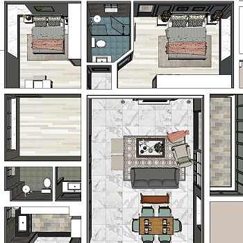 5_1-1美式欧式客厅餐厅餐桌椅沙发茶几卧室床整体模型sketchup草图模型下载