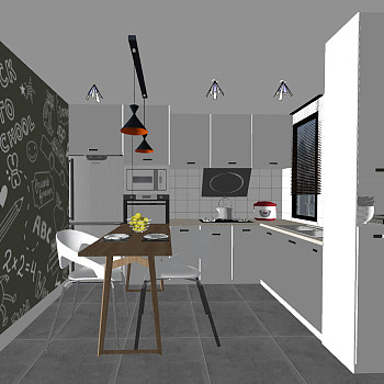 12现代北欧开放厨房餐厅sketchup草图模型下载