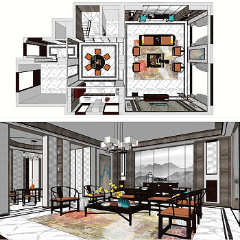 01新中式别墅客餐厅sketchup草图模型下载