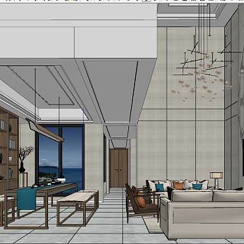 23新中式日式别墅客厅茶室sketchup草图模型下载