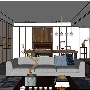 36新中式客厅sketchup草图模型下载