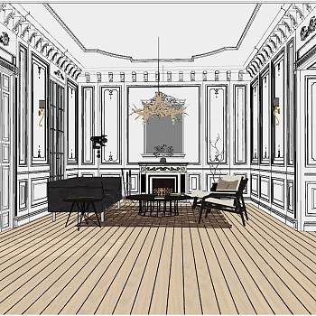 42古典简约欧式美式法式客厅sketchup草图模型下载
