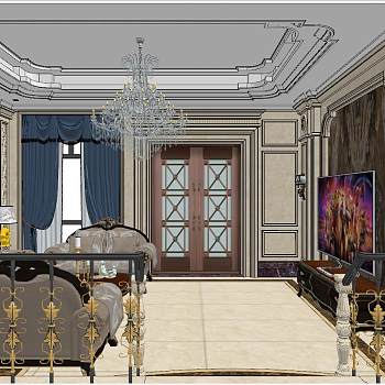 23简欧式美式法式古典别墅客厅sketchup草图模型下载