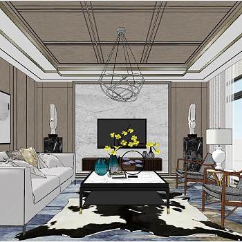 06现代北欧低奢新中式别墅客厅 sketchup草图模型下载