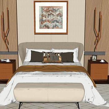 24现代简欧卧室双人床床头柜床尾凳组合sketchup草图模型下载