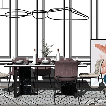 17北欧现代新古典餐桌椅组合餐具sketchup草图模型下载