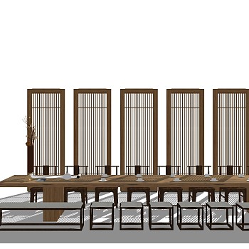 13新中式茶室茶桌椅茶台长凳屏风隔断衣架sketchup草图模型下载