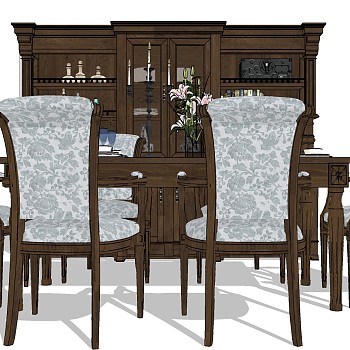 12美式欧式实木餐桌椅酒柜sketchup草图模型下载