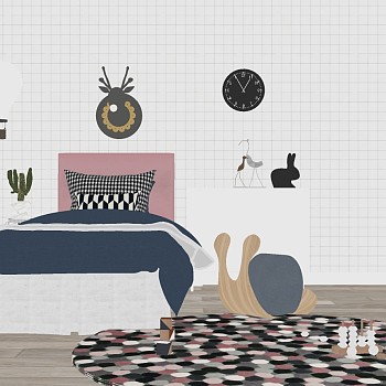 25地中海北欧式单人床床头柜盆栽挂饰组合sketchup草图模型下载
