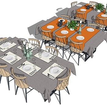 11现代新中式餐桌椅桌布餐具sketchup草图模型下载