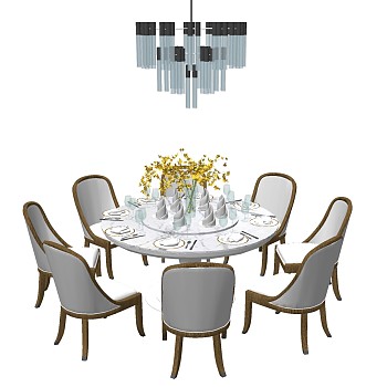 9欧式法式美式餐厅圆形餐桌椅餐具摆件吊灯组合sketchup草图模型下载