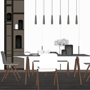 7北欧现代餐厅实木餐桌椅餐具摆件吊灯边柜组合sketchup草图模型下载