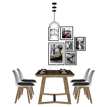 4北欧现代餐厅餐桌椅餐具挂画吊灯组合sketchup草图模型下载
