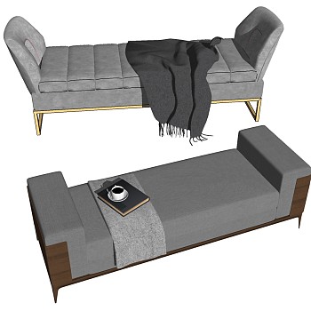 32现代轻奢简欧式新古典北欧床尾椅床榻组合sketchup草图模型下载