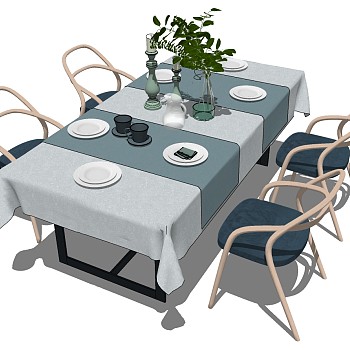 3北欧现代新中式餐厅餐桌椅桌布花瓶组合sketchup草图模型下载