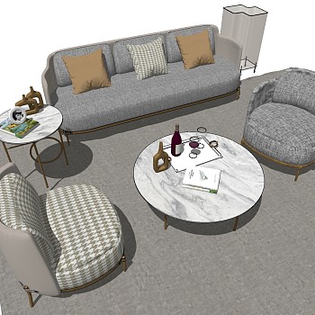 21简欧式现代轻奢沙发单人沙发茶几边几落地灯sketchup草图模型下载