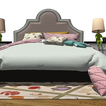 19欧式儿童房女孩单人房心形抱枕床头柜台灯组合sketchup草图模型下载
