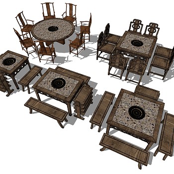 27新中式火锅店桌椅实木长板凳木板凳备餐柜太师椅sketchup草图模型下载